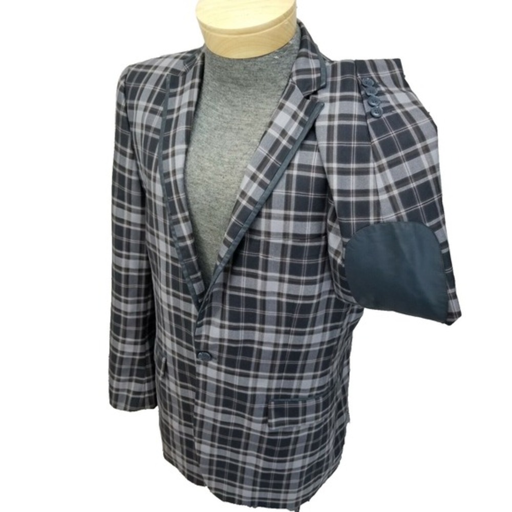 LanZino Italy Plaid Blazer Mens XL Blue Grey‎ Brown Windowpane Check Sport Coat